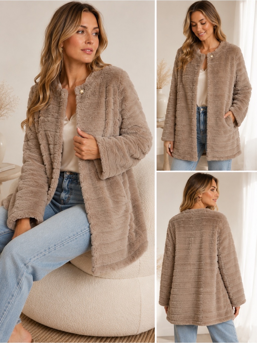 Me Jane Y2K Faux Fur Jacket Taupe Pearl Button Satin Lined Women’s M Quiet Luxe